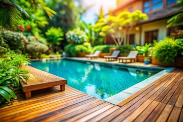 A Stunning Tilt-Shift Perspective of a Swimming Pool with Wood Terrace and Water Wave Vibrations Capturing the Essence of Relaxation and Leisure in a Serene Environment