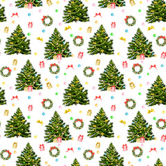 Christmas trees decorated with colorful lights and garlands on seamless pattern. Watercolor digital illustration. New Year gifts and Christmas wreaths isolated on white background. Christmas tree toys