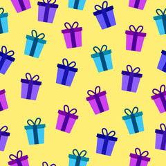 Gift boxes seamless pattern background with cyan, blue, purple gift boxes motif with ribbons