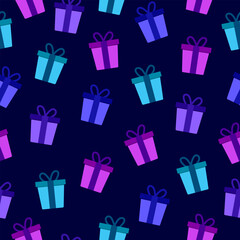 Gift boxes seamless pattern on dark blue background with cyan, blue, purple gift boxes motif with ribbons