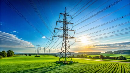 A Tall Electricity Pylon Rising High, Symbolizing the Expansion of the Power Grid in Germany with a Clear Blue Sky Background and Lush Green Fields Below