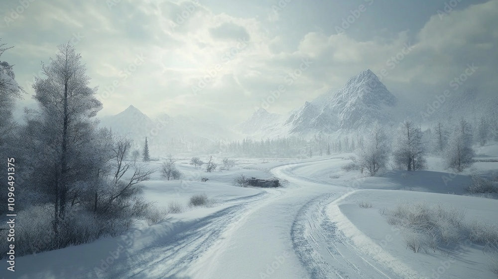 Poster a snowy mountain range with a road running through it