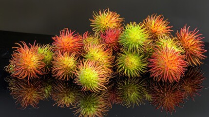 Obraz premium Pile of fresh rambutan fruits with reflection on dark surface.