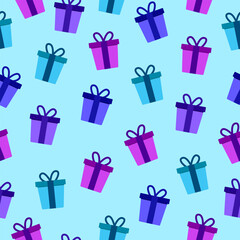 Gift boxes seamless pattern background with cyan, blue, purple gift boxes present motif with ribbons