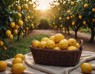 Golden fruit harvest against a backdrop of green leaves. Sunny day in a lemon orchard