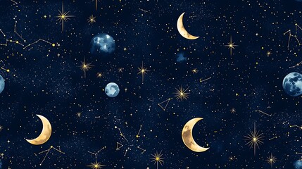 Fototapeta premium Seamless pattern Watercolor Celestial Seamless Pattern Night Sky with Moons, Stars, and Constellations.