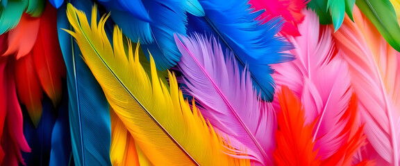 Colorful assortment of feathers for Mardi Gras celebration on a vibrant background
