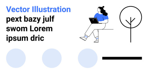 Woman sitting on a park bench using a laptop, abstract tree, circles, and text design. Ideal for remote work, technology, outdoor workspace, minimalism, modern lifestyle, nature, graphic design