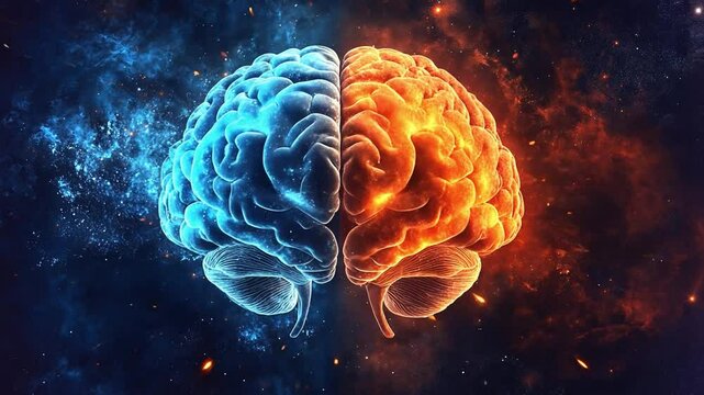 A surreal depiction of a brain split into vibrant blue and orange halves, symbolizing creativity and logic against a cosmic background filled with stars.