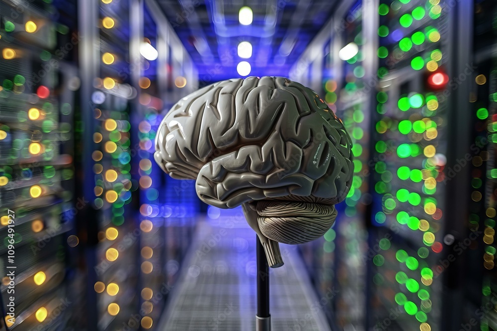 Poster human brain model representing artificial intelligence processing data inside a server room with bok
