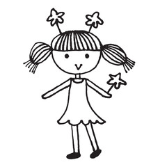 Cute girl doodle cartoon character hand drawing isolated