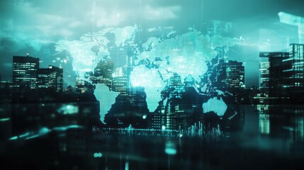 Abstract representation of a global cityscape with a world map overlay.
