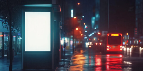 Huge white billboard with place for text on a evening city street with lights.