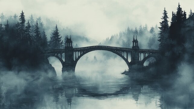 Stone Bridge Enveloped in Misty Forest Scene - Powered by Adobe