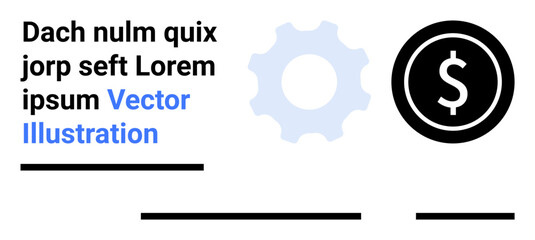 Gear symbol in light blue, dollar sign in black circle, placeholder text. Ideal for finance, trade, technology, business strategy, marketing, economic growth, web development. Landing page