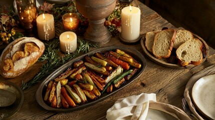 Roasted carrots, bread, and candles on rustic wooden table.