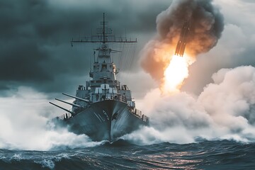 Fototapeta premium A warship launching a missile amidst turbulent ocean waves and dark stormy skies.