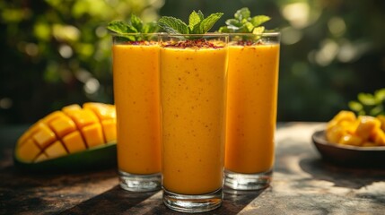Three mango smoothies with mint.