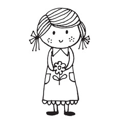 Cute girl doodle cartoon character hand drawing isolated