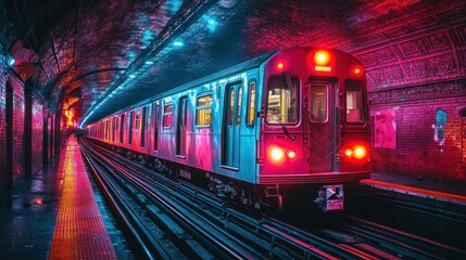 Fototapeta premium Neon Subway Ride: A Vibrant Journey Through Urban Transit