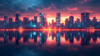 Fototapeta premium A Stunning City Skyline at Sunset, Reflected in Water