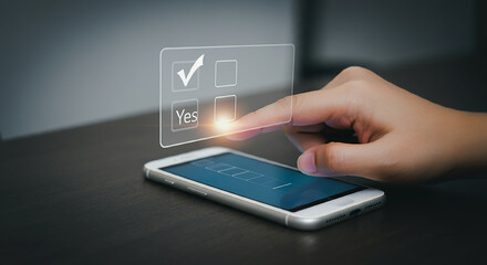 Using a Yes No Choice Checkbox to Make Selection s In a survey or professional setting, a hand choosing  Yes  from a computerized checkbox interface represents agreement, approval, or decision-making