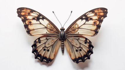 Fototapeta premium Steampunk butterfly decor with intricate clockwork design in metallic hues on white background, fantasy art concept