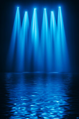 Blue spotlights on a dark stage with water reflection. Concept of stage lighting, performance, and entertainment.