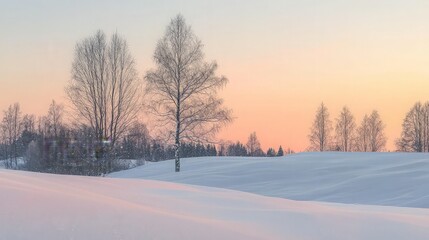 Serene winter sunset over snow-covered field with leafless trees.