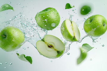 Green apples in water splash. Fresh fruit, healthy eating, and vitamins concept.