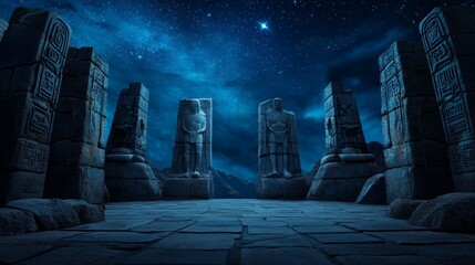 Enigmatic Ancient Ruins with Towering Statues Under a Starlit Sky, Evoking Mystery and Otherworldly Vibes in a Distant Landscape