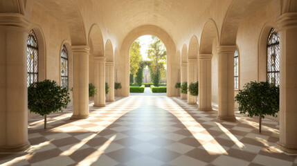 Historic Churches and Art and Iconography. A serene, sunlit corridor features elegant arches, lush greenery, and a patterned floor, creating a tranquil atmosphere.
