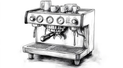 Hand-drawn espresso machine illustration in black and white line art, featuring detailed pen strokes and cross-hatching technique in vintage coffee maker design style.