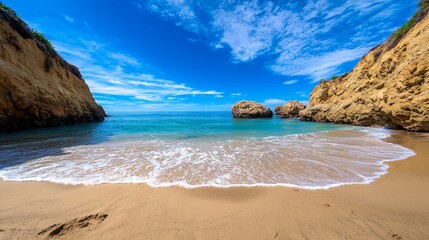 Obraz premium Serene Cliffside View of Ocean Cove with Gentle Waves and Clear Blue Sky, Perfect for Nature Lovers and Relaxation Photography