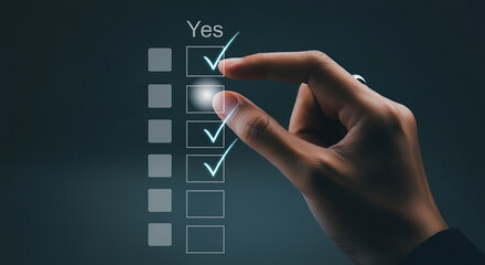Using a Yes No Choice Checkbox to Make Selection s In a survey or professional setting, a hand choosing  Yes  from a computerized checkbox interface represents agreement, approval, or decision-making
