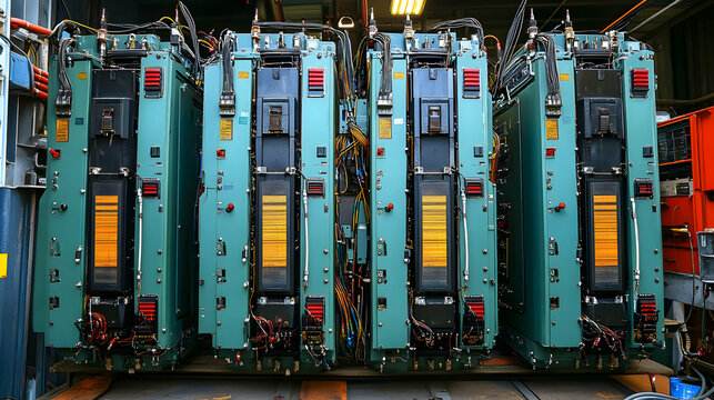 Teal Industrial Power Units in a Row