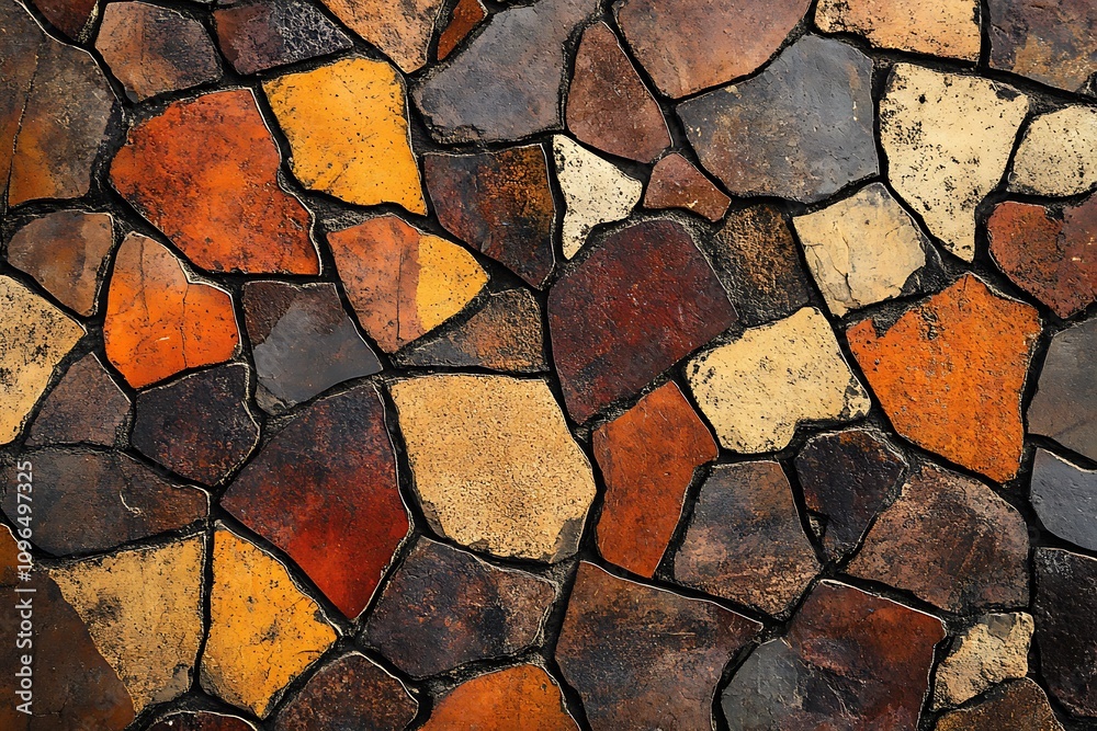 Poster Irregularly shaped stones in warm tones create a textured mosaic wall.