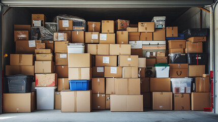 Storage garage filled with neatly stacked cardboard boxes and bins, illustrating an organized yet cluttered space for moving or long-term storage solutions.