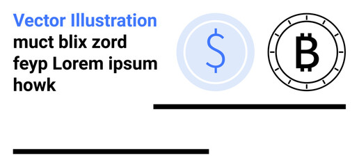 Dollar and Bitcoin symbols in blue and black. Placeholder text in black. Ideal for finance, cryptocurrency, digital economy, tech startups, fintech, blockchain, e-commerce. Landing page