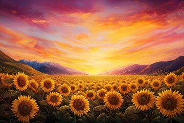 Obraz premium Breathtaking View of Endless Sunflower Field Under the Vibrant Sunset Sky with Mountains in the Background, Capturing the Essence of Nature’s Splendor