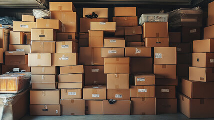 Storage garage filled with neatly stacked cardboard boxes and bins, illustrating an organized yet cluttered space for moving or long-term storage solutions.
