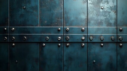 Fototapeta premium Industrial concrete wall&nbsp;with dramatic downlighting and blue-tinted surface, featuring geometric panel&nbsp;patterns and metallic rivets in modern&nbsp;brutalist architectural style.