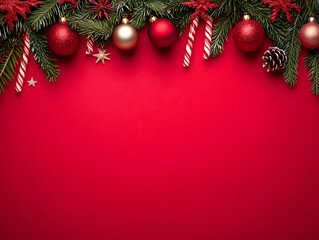 Christmas Decorations and Pine Garland on a Red Background,banner with copy space