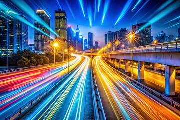Obraz premium Abstract Cyberpunk Background with Neon Light Trails in Blue, Yellow, and Orange Colors Creating a Bright Sparkling Effect on a Night Road in Panoramic Photography Style