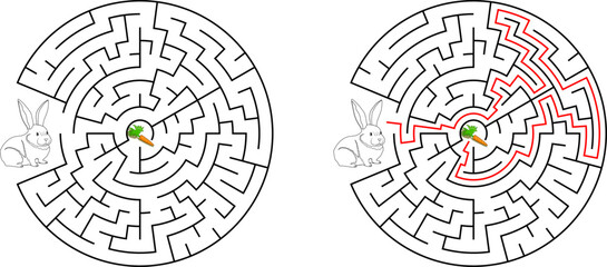 Help bunny pass through maze to find carrot. Feed the hungry pet labyrinth. Easy difficulty level riddle for kids and parents with solution.