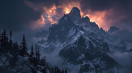 Obraz premium A dramatic mountain peak with a dark and foreboding tone created by solarized effects, , dark tones