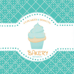 Invitation to a bakery with a picture of a cupcake. Advertisement for a bakery.