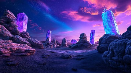 Remote Alien Village Surrounded by Intricately Designed Rock Formations and Glowing Crystals Under a Starry Sky at Dusk
