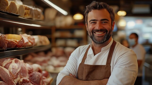 Smiling butcher in a meat shop