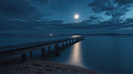 Fototapeta premium Wooden pier extending over calm water under a glowing full moon and dramatic night sky. Evokes tranquility, mystery, and natural beauty.